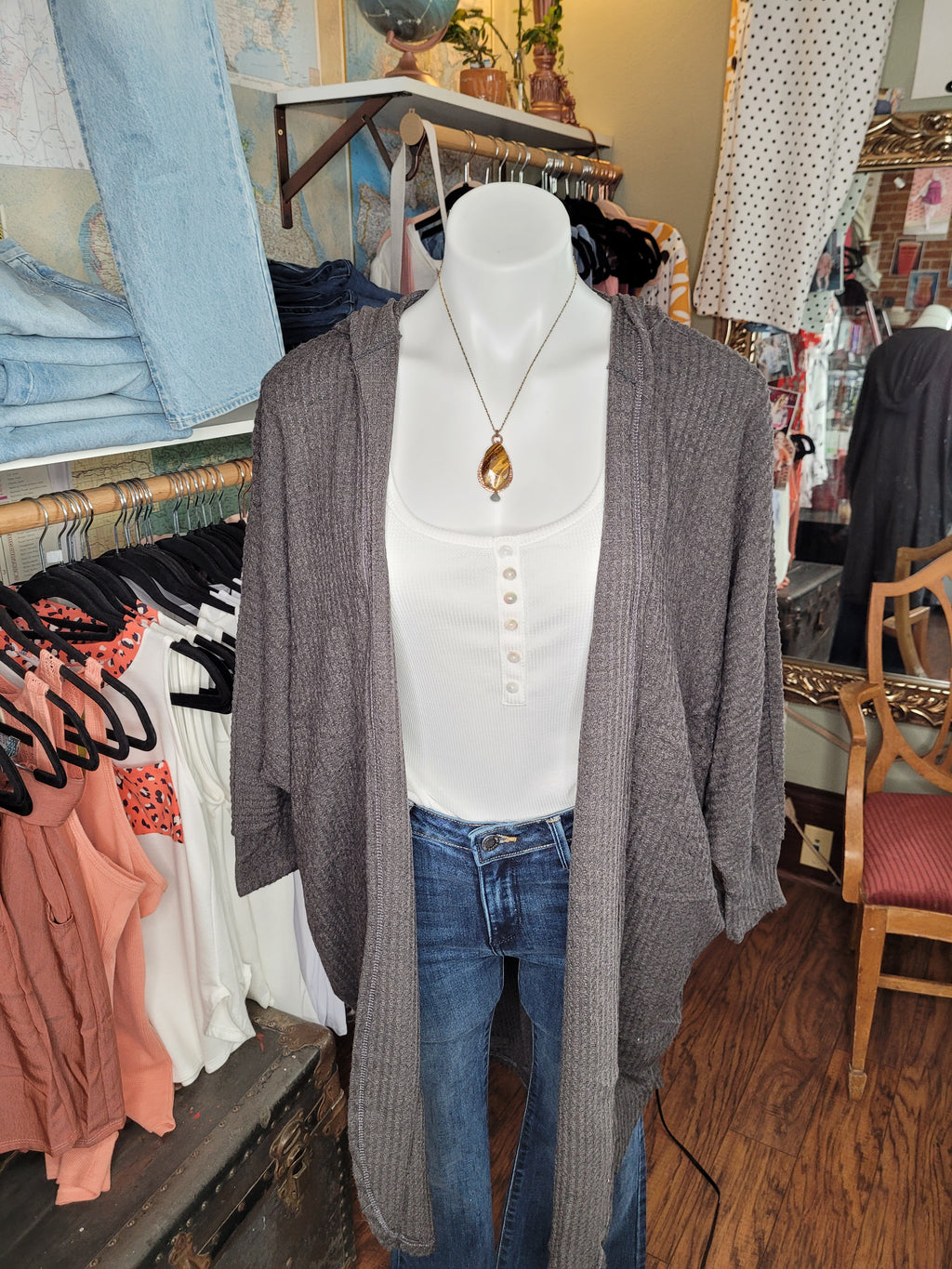 Waffle Knit Hooded Cardigan