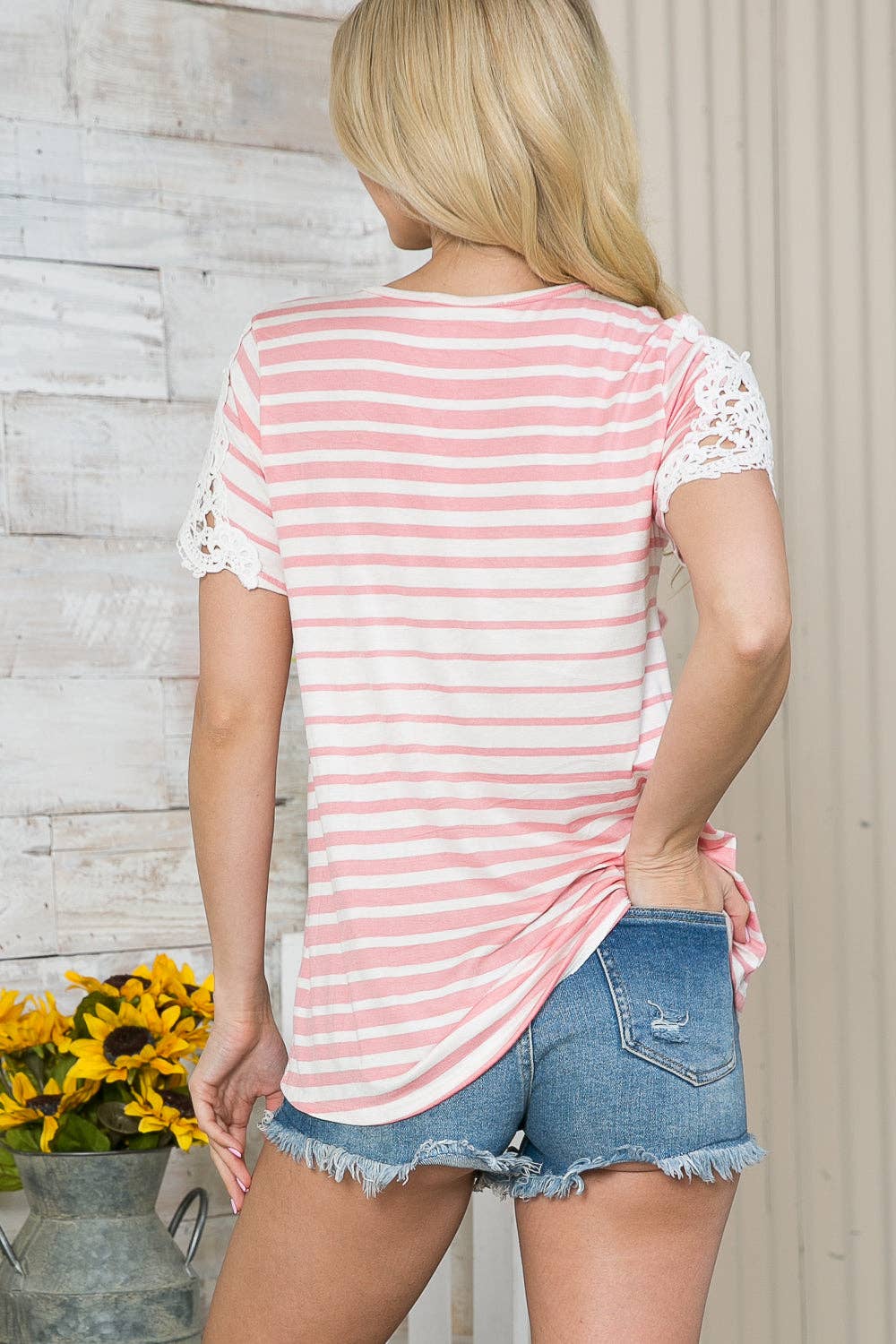 Lace patch sleeve striped top