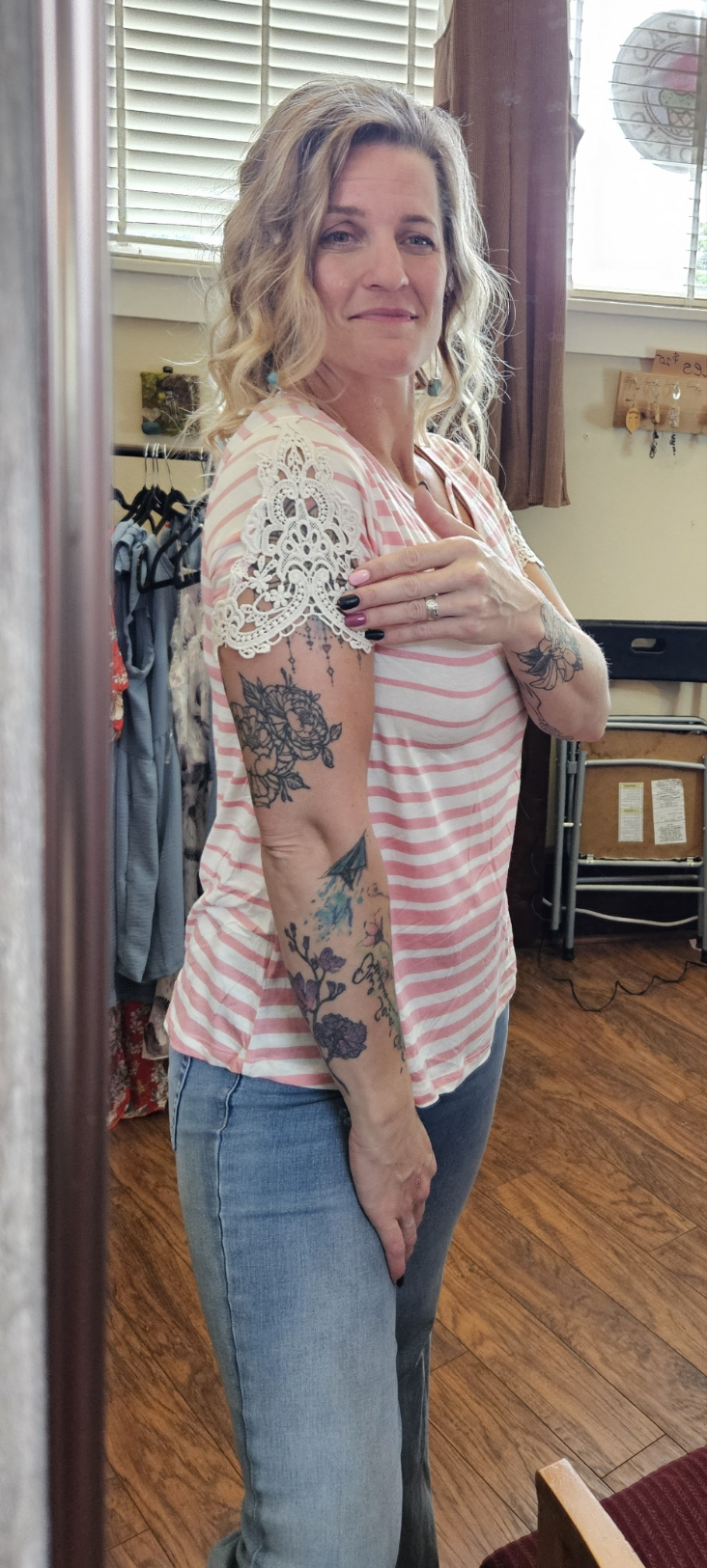 Lace patch sleeve striped top