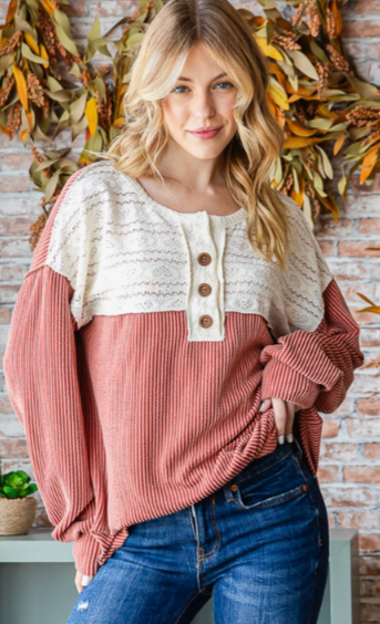 Lace Contrast Fall Drop Shoulder Top