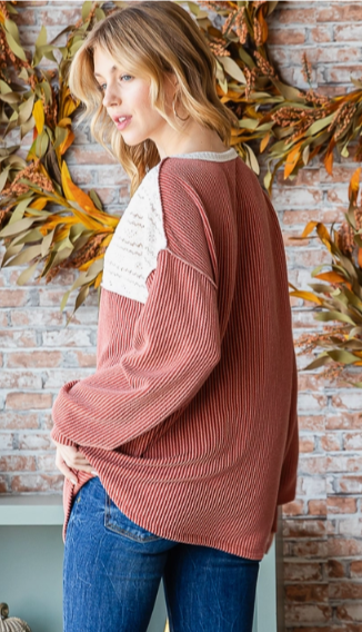 Lace Contrast Fall Drop Shoulder Top