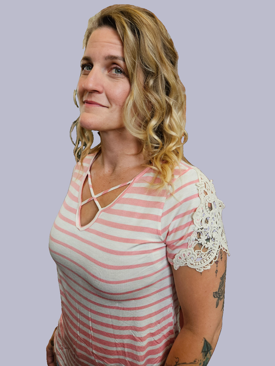 Lace patch sleeve striped top