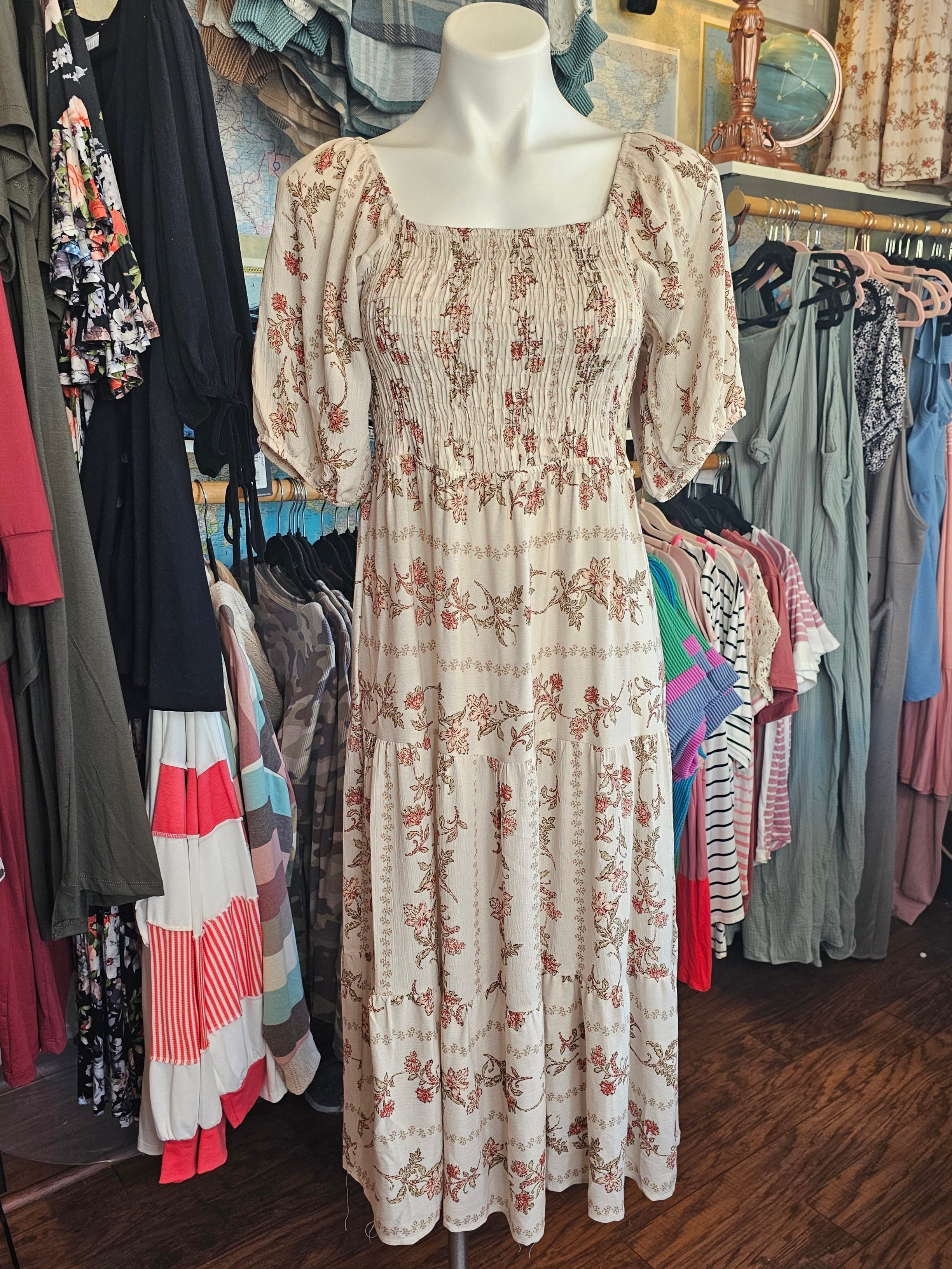 smocked off the shoulder floral dress Smocked Off-Shoulder Dress in Floral
