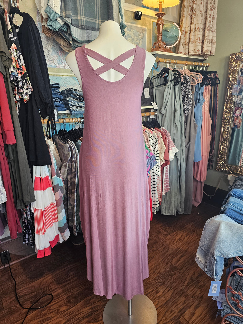 Soft Stretchy Cross back detail Dress Calf Length