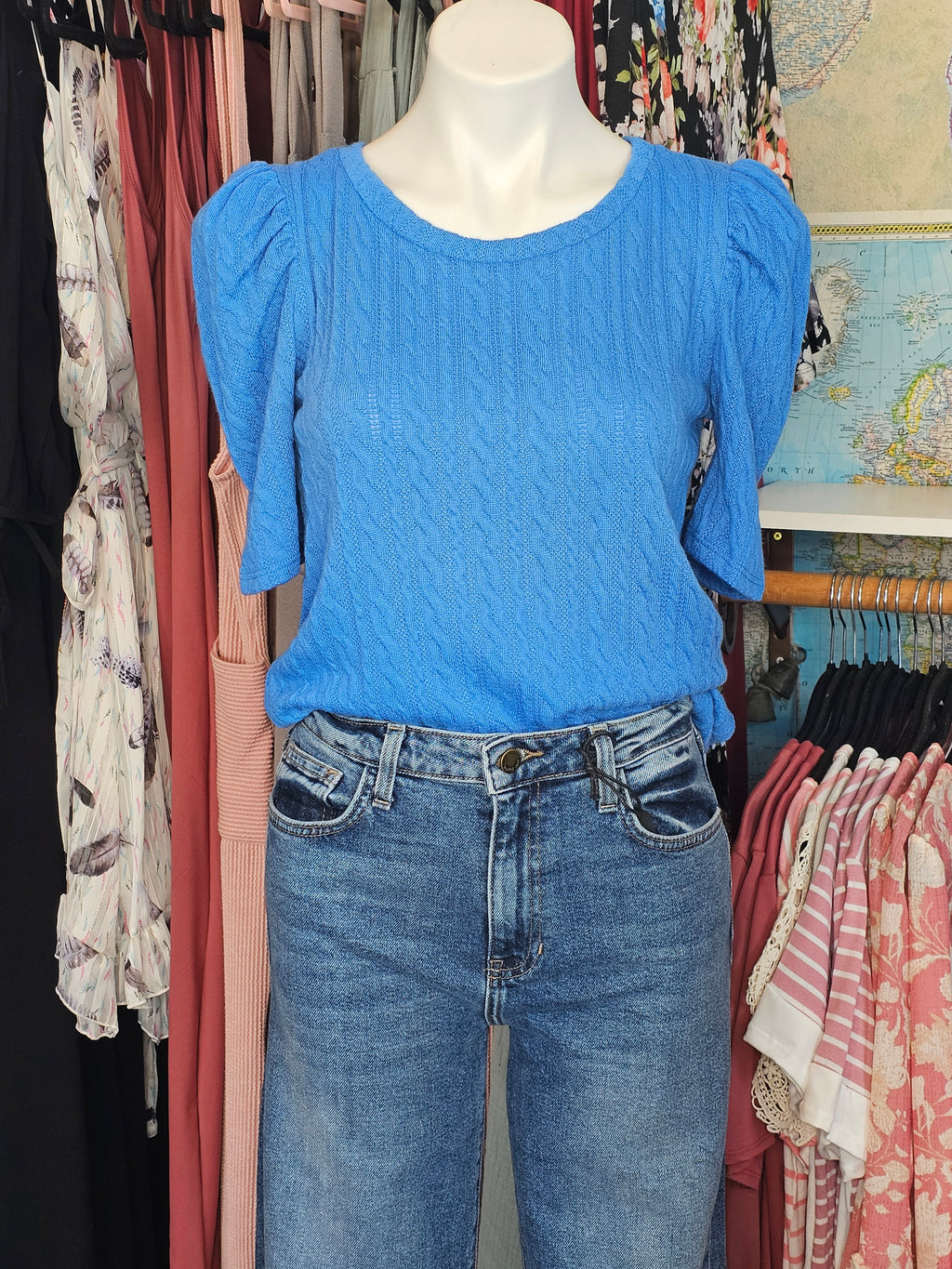 Blue Puff Sleeve Knit Top