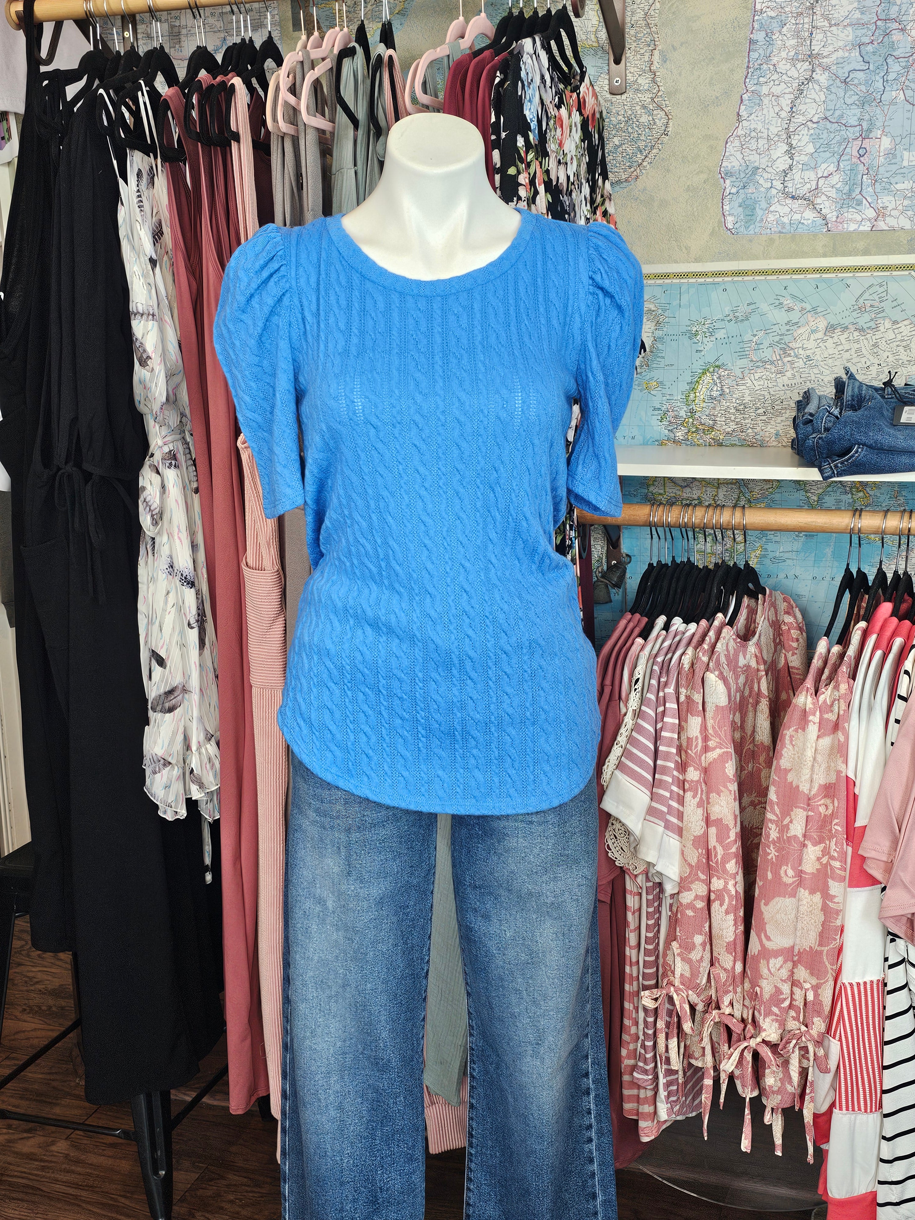 Blue Puff Sleeve Knit Top