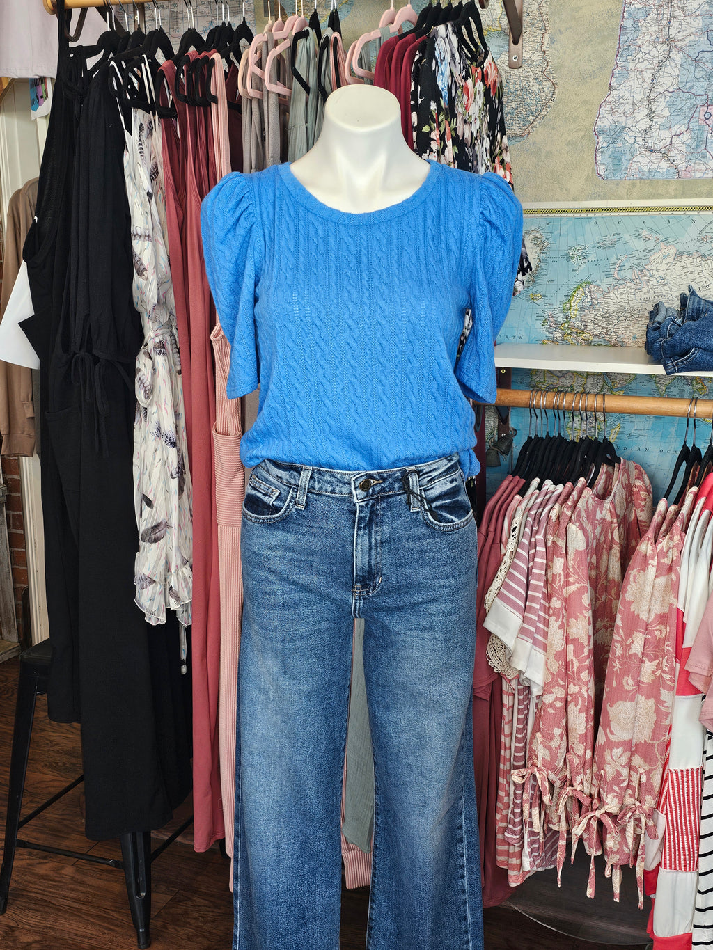 Blue Puff Sleeve Knit Top