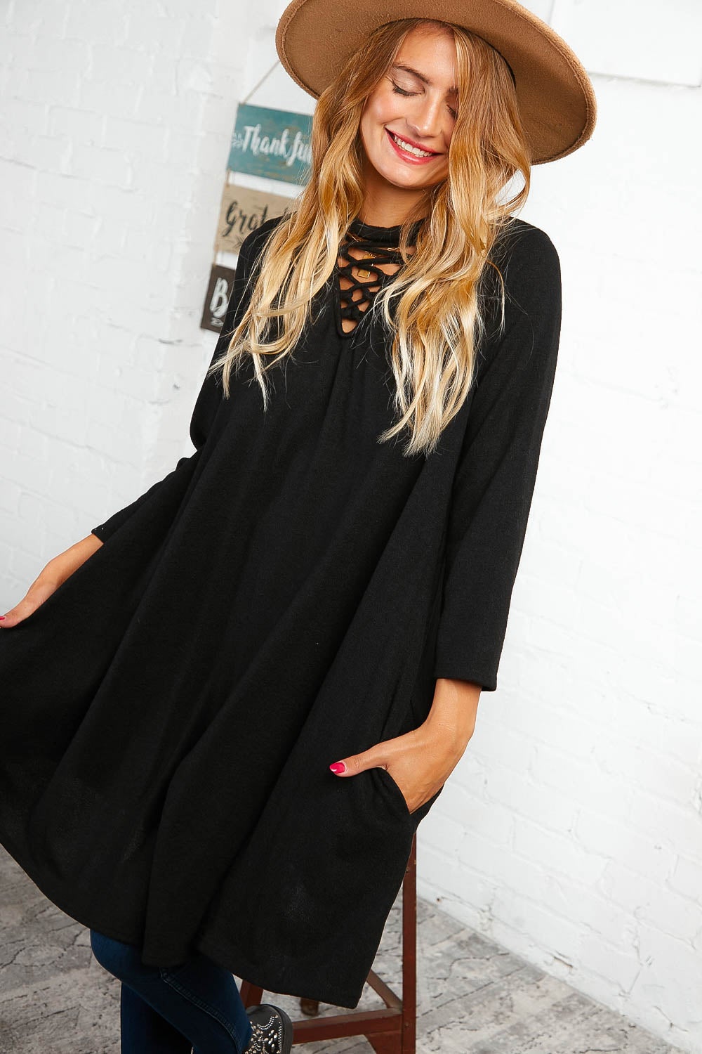 PLUS BLACK CROSS DETAIL FRONT TUNIC DRESS