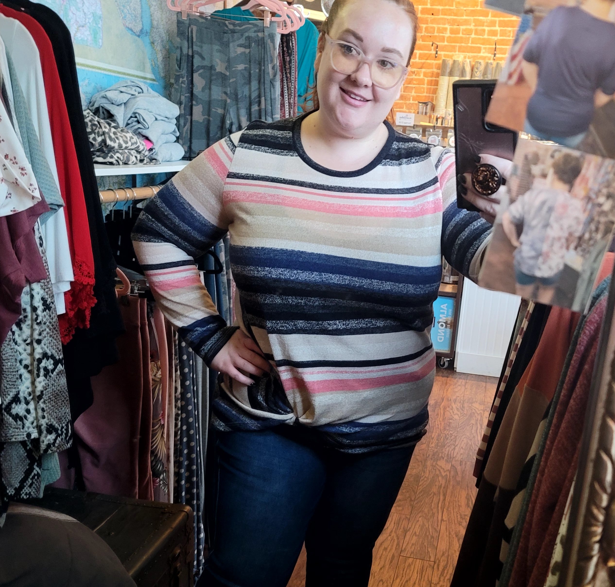 PLUS TAUPE & BLUE MULTI STRIPE TWIST HEM LONG SLEEVE BLOUSE