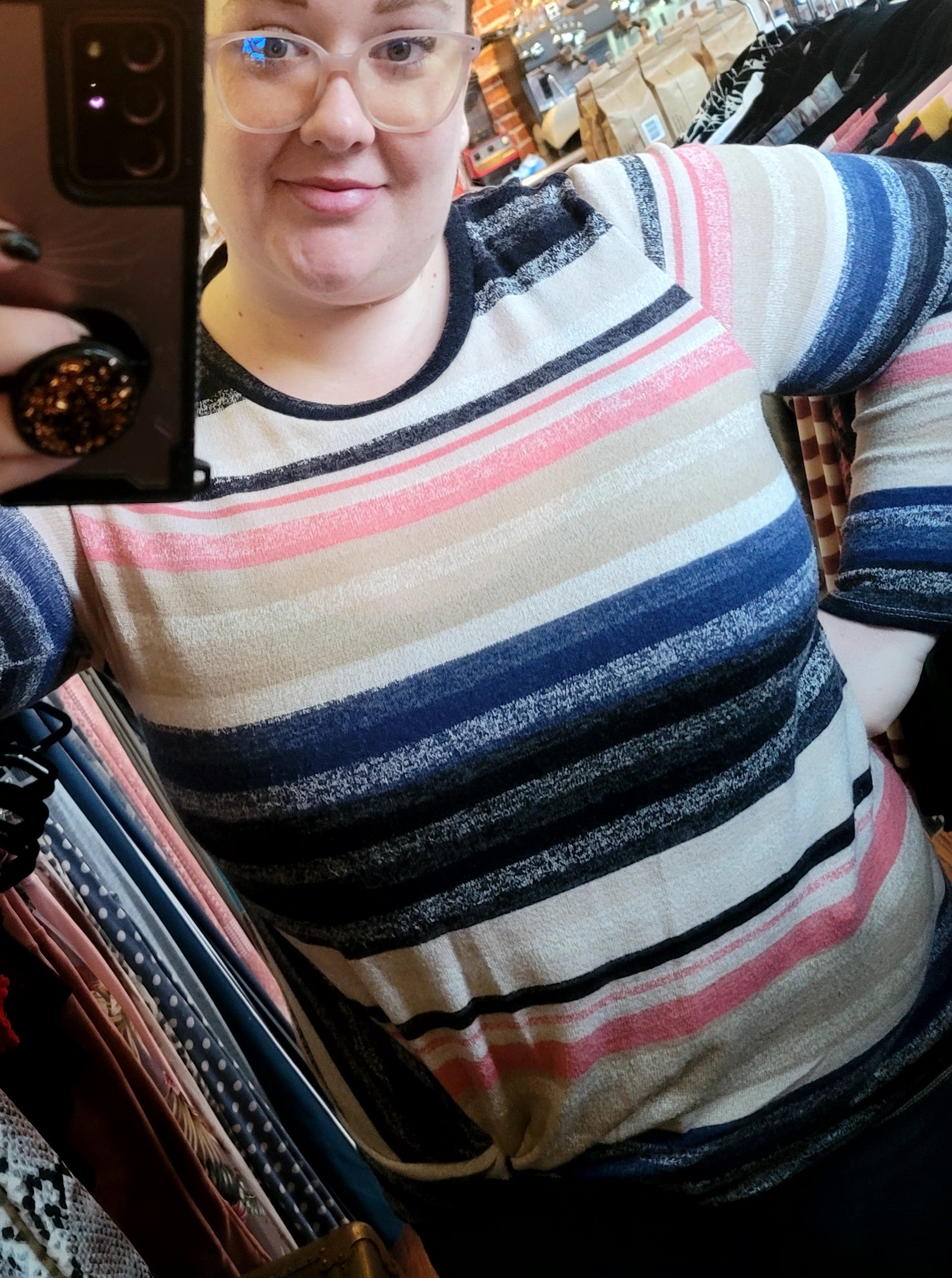 PLUS TAUPE & BLUE MULTI STRIPE TWIST HEM LONG SLEEVE BLOUSE