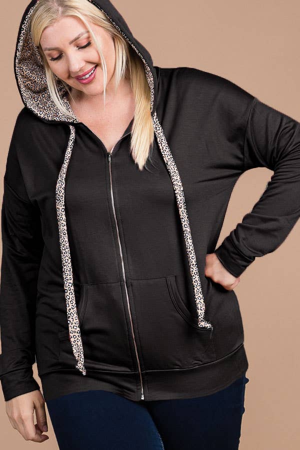 Plus size animal print contrast zip up