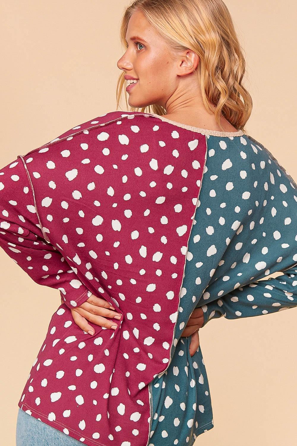 DARK TURQUOISE & WINE HALF & HALF BUTTON DETAIL TOP