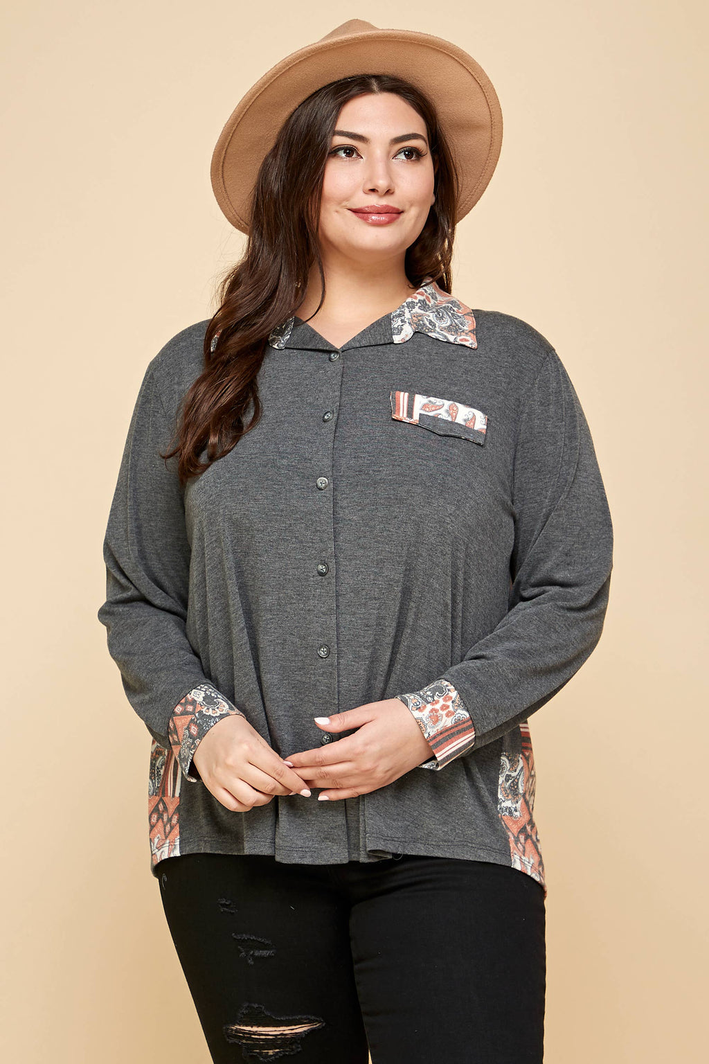 Plus Size Patchwork Contrast Button Shirt