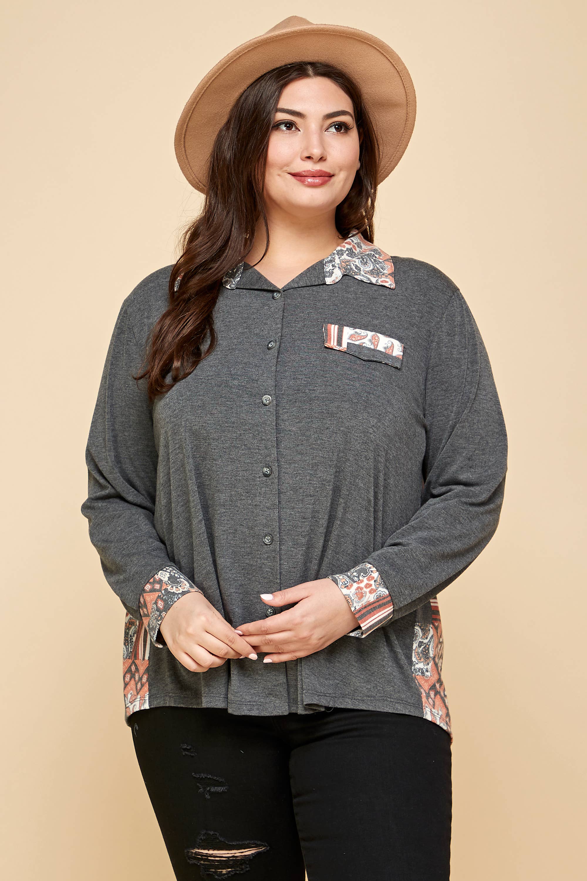 Plus Size Patchwork Contrast Button Shirt