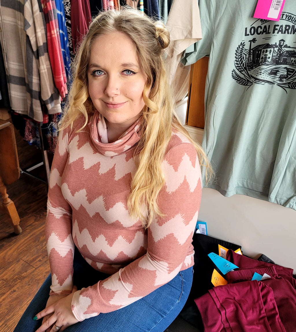 Blush Tan Zigzag Print Cowl Neck Top