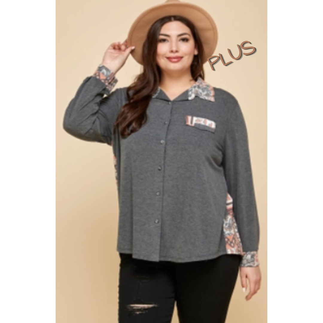 Plus Size Patchwork Contrast Button Shirt