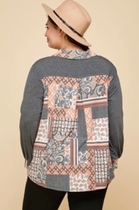 Plus Size Patchwork Contrast Button Shirt