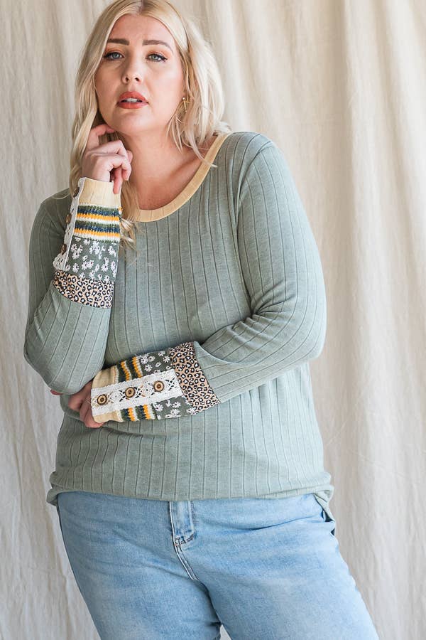 Plus ribbed color blocked long sleeve