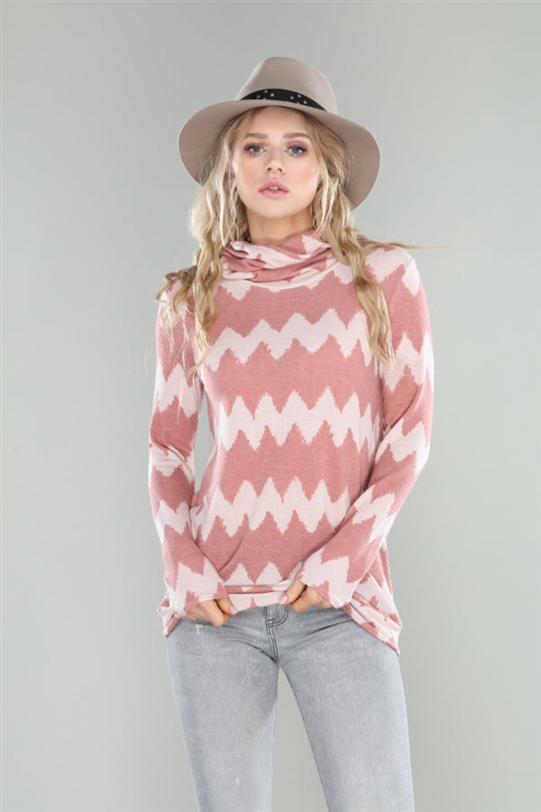 Blush Tan Zigzag Print Cowl Neck Top