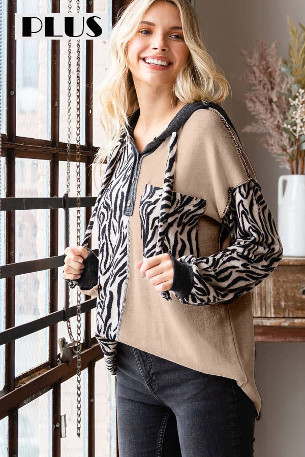 Plus Split Design Zebra Knit Hoodie