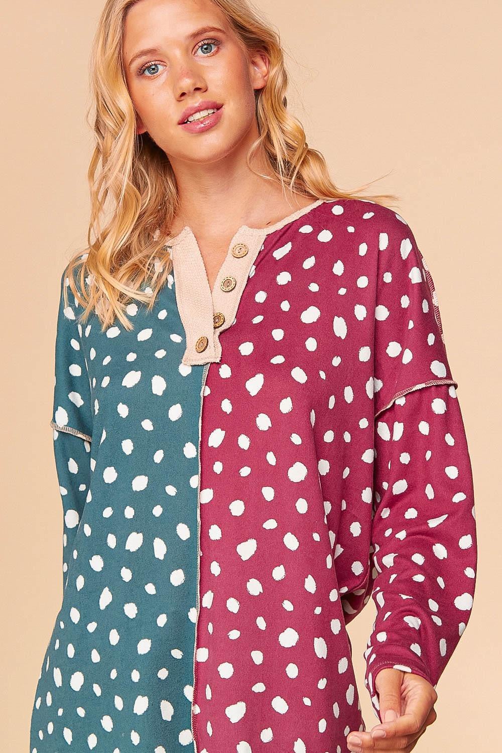 DARK TURQUOISE & WINE HALF & HALF BUTTON DETAIL TOP